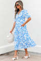 Midtown Girl Sky Blue Floral V Neck Puff Short Sleeve Flowy Long Dress