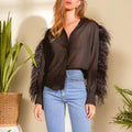Dania Long Sleeve Ostrich Feather Stitching Embellished Shirt - Vestir en Moda
