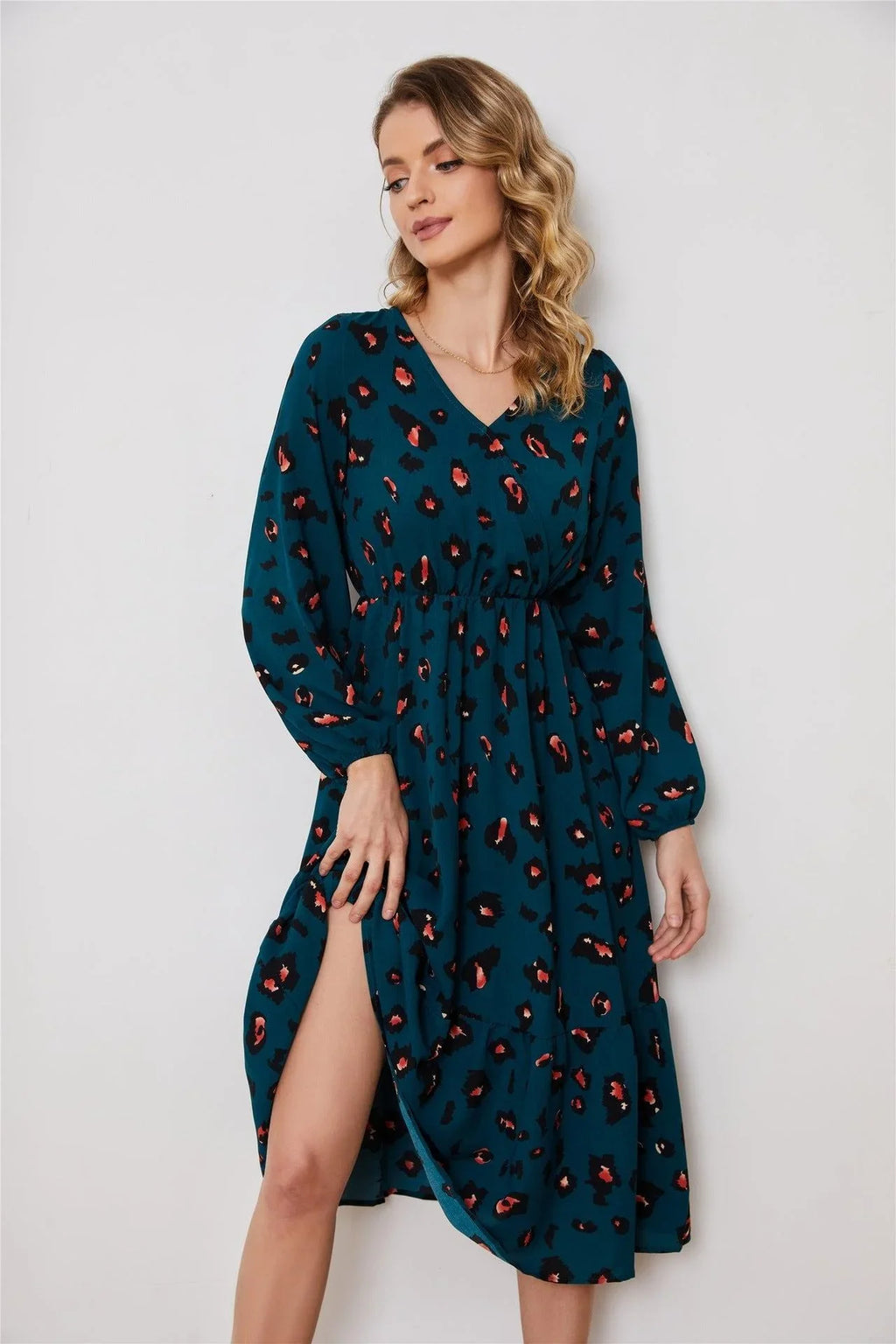 Dariana Long Sleeve Elegant Neck Asymmetric Pattern Dresses - Vestir en Moda