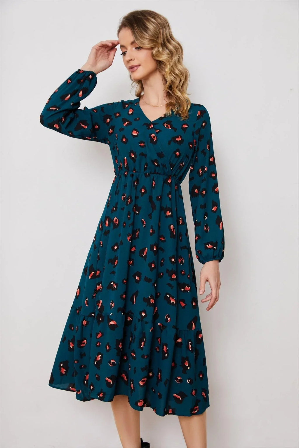 Dariana Long Sleeve Elegant Neck Asymmetric Pattern Dresses - Vestir en Moda