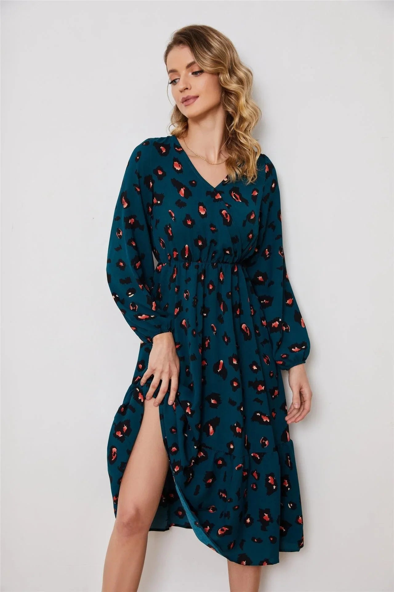 Dariana Long Sleeve Elegant Neck Asymmetric Pattern Dresses - Vestir en Moda