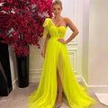 Davina Bright Neon Yellow Long Prom One Shoulder Evening Gowns Dress - Vestir en Moda