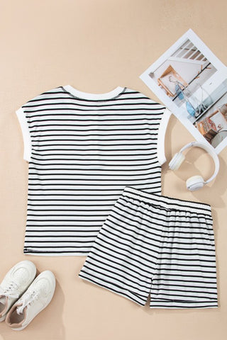 Erika Stripe Cap Sleeve Henley Two Piece Sets