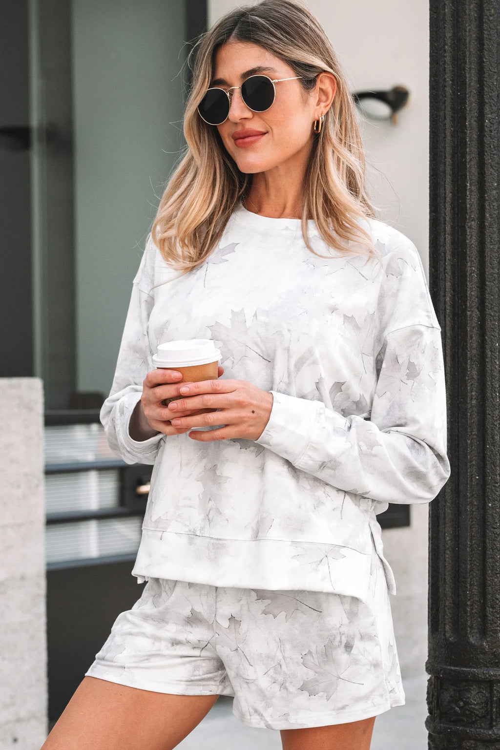 Justine Beige Maple Camo Print Pullover Top and Elastic Waist Casual Short Set