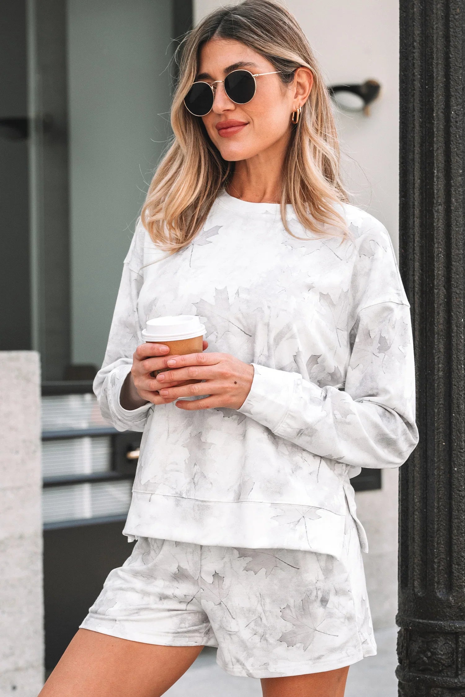 Justine Beige Maple Camo Print Pullover Top and Elastic Waist Casual Short Set