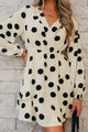 Pillar Beige Polka Dot Printed Surplice V Neck Puff Sleeve Mini Dress