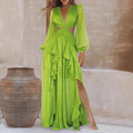 Debora Green Ruffled Sexy Long Sleeve Cropped Outfit Lace Dress - Vestir en Moda