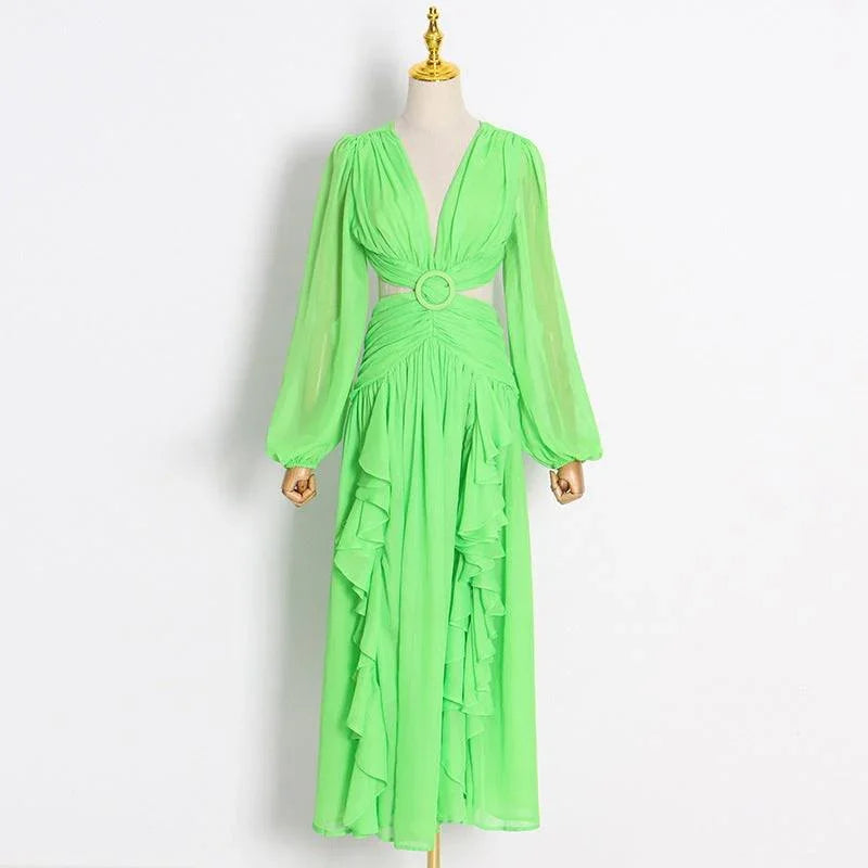 Debora Green Ruffled Sexy Long Sleeve Cropped Outfit Lace Dress - Vestir en Moda