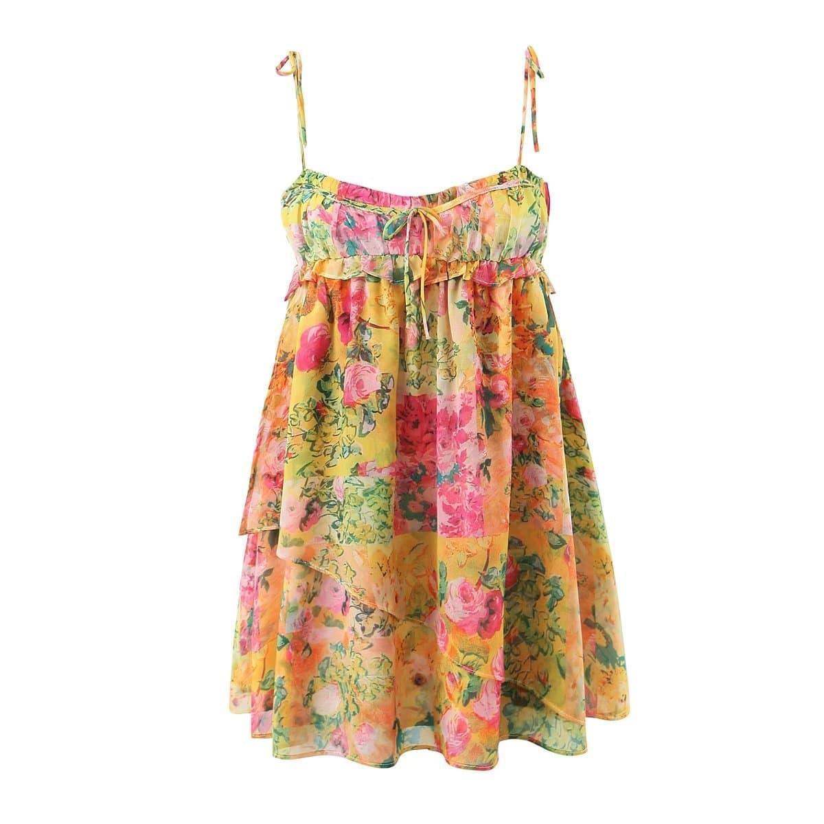 Debora Spring Color Matching Floral Neck Strap Wooden Ear Dresses