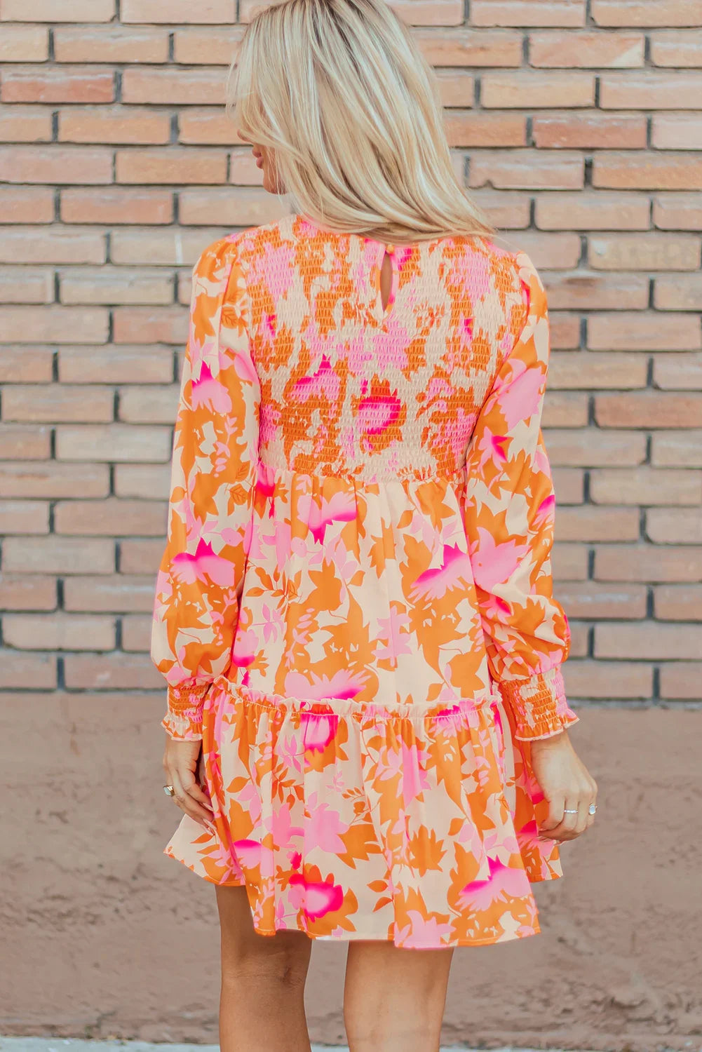 Lonnie Orange Abstract Print Smocked Lantern Sleeve Ruffle Mini Dress