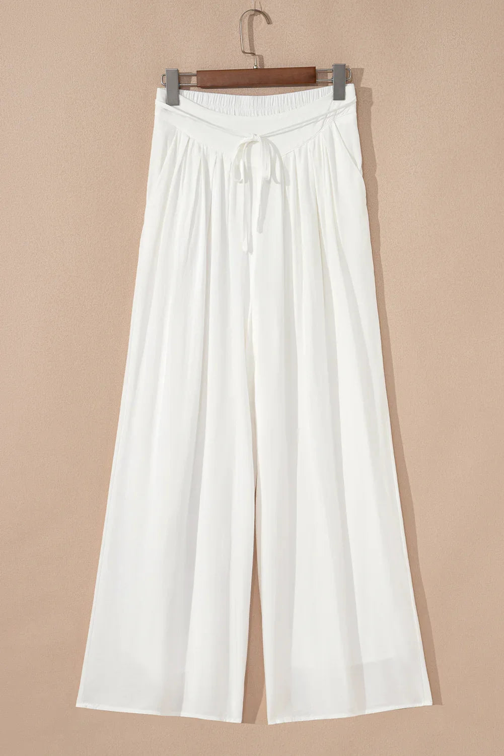 Violeta White Solid Drop Waist Pleated Wide Leg Casual Pants