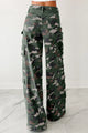 Gretter Green Camo Denim Cargo Wide Leg Pants