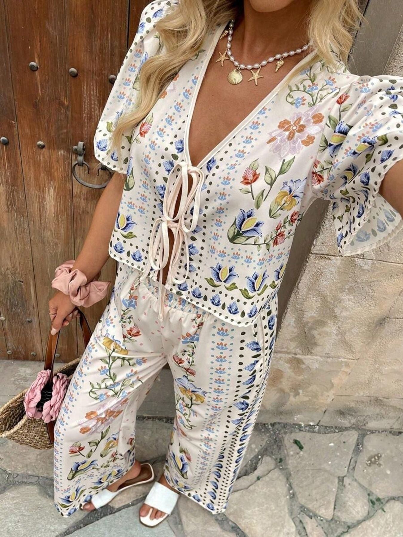Wanda Floral Print Tie-Front Two Piece Sets