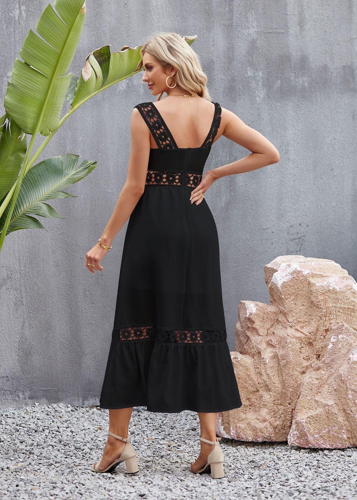 Dora Women Hollow Out Lace Stitching Square Sleeveless Dresses - Vestir en Moda