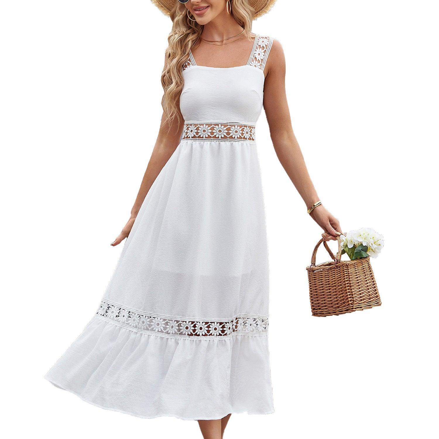 Dora Women Hollow Out Lace Stitching Square Sleeveless Dresses - Vestir en Moda