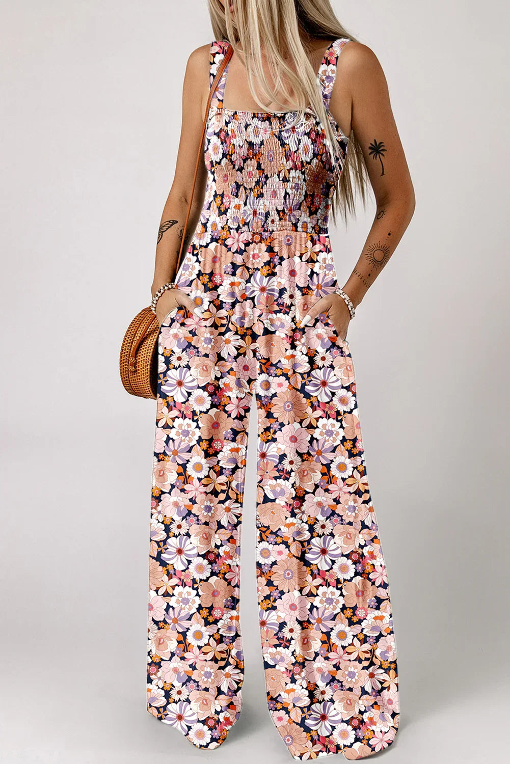 Carlie Black Floral Print Smocked High Waist Square Neck Jumpsuit