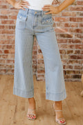 Betsie Sky Blue Stripe Button Flap Pocket Cuffed Hem Wide Leg Jeans