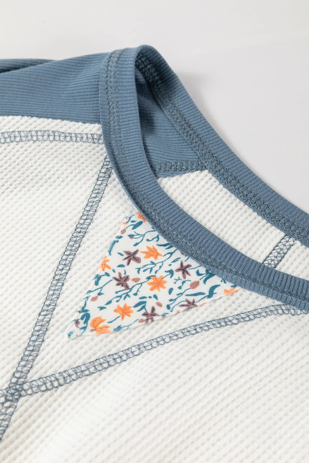 Maine White Floral Patchwork Waffle Knit Raglan Top