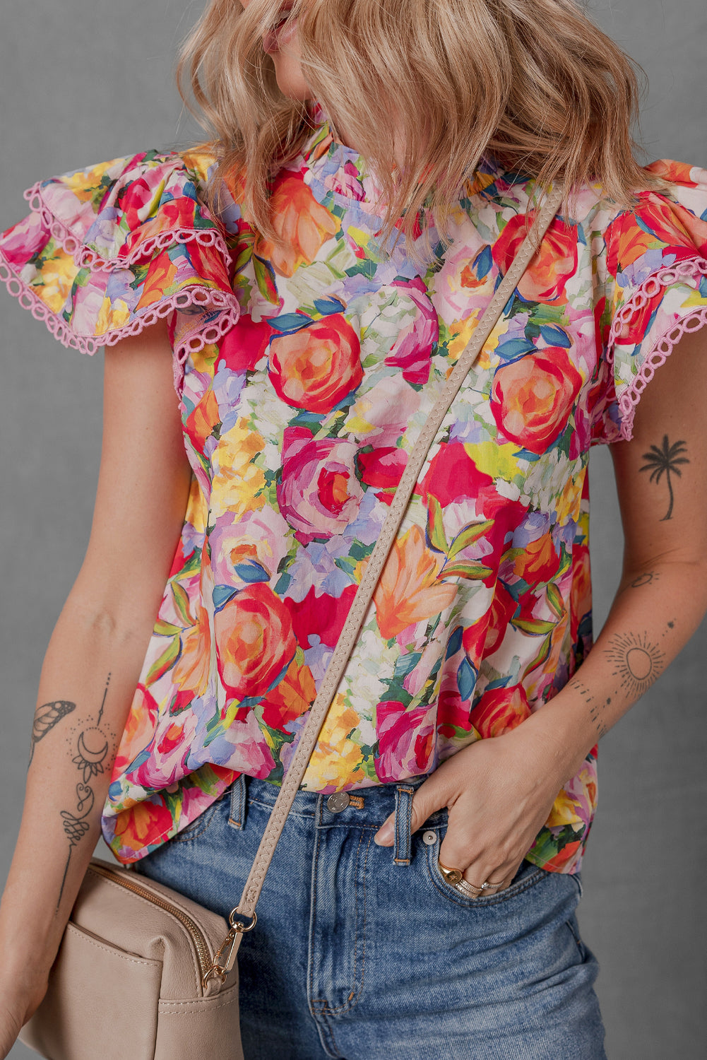 Lace Trim Ruffle Sleeve Floral
