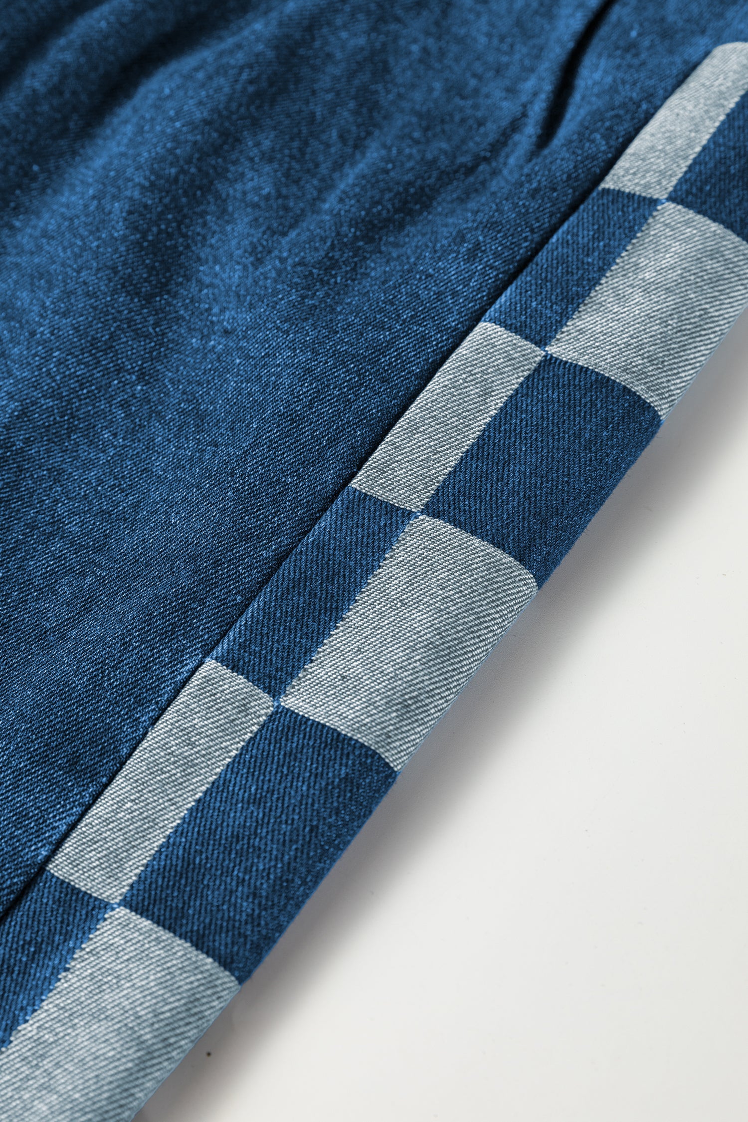 Sail Blue Checkered Side Panel Patchwork Drawstring Loose Denim