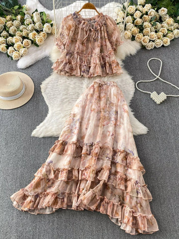 Amelia Floral Print Ruffle Hem Two Piece Sets