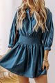 Roddie Prussian Blue 3/4 Sleeve Shirred High Waist Buttoned Mini Dress