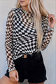 Carla Black Checkered Pattern Mesh Mock Neck Long Sleeve Top