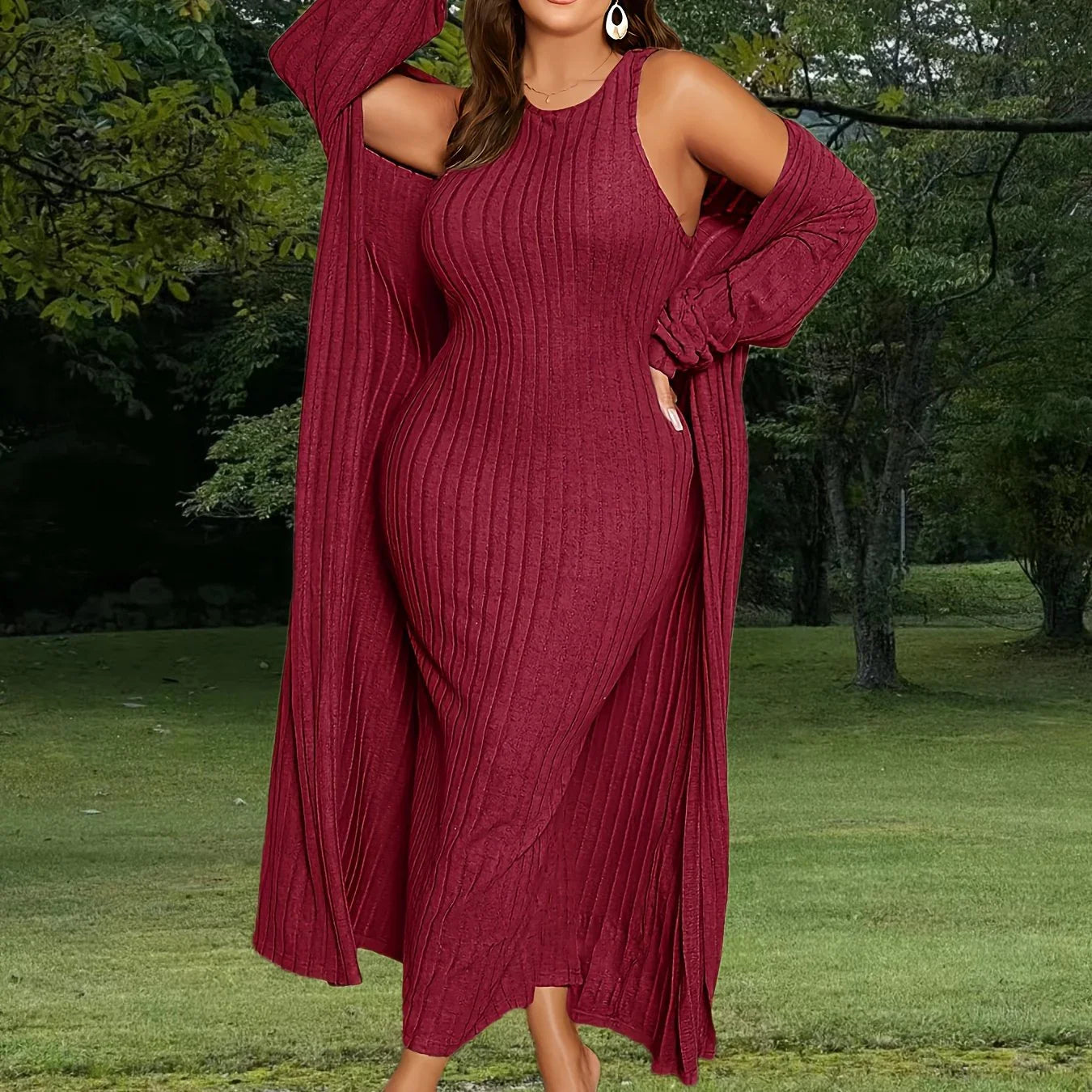 Plus Size Ribbed Cardigan Cap Elegant Two Piece Set