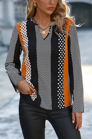 Orange Colorblock Notched V Neck Blouse