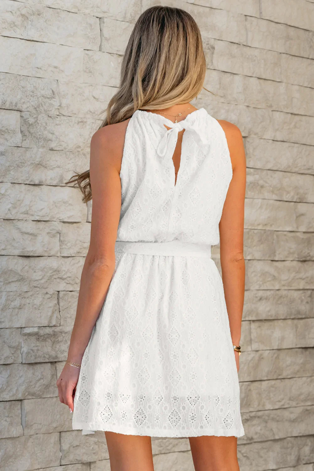 Millan White Lace Sleeveless Knot Hollow Out Back Tied Waist Mini Dress