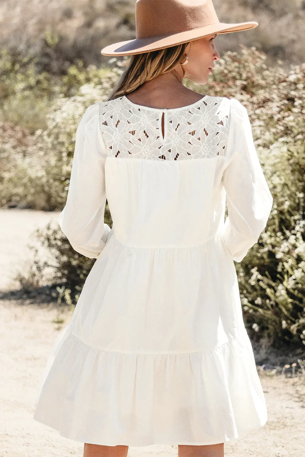 July White Floral Lace Patchwork Bracelet Sleeve Tiered Mini Dress