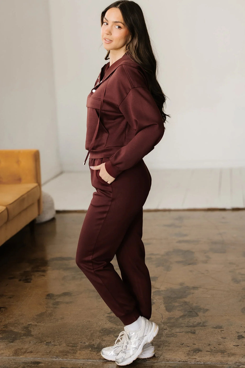 Chicory Coffee Button Drawstring Cropped Hoodie Jogger Set