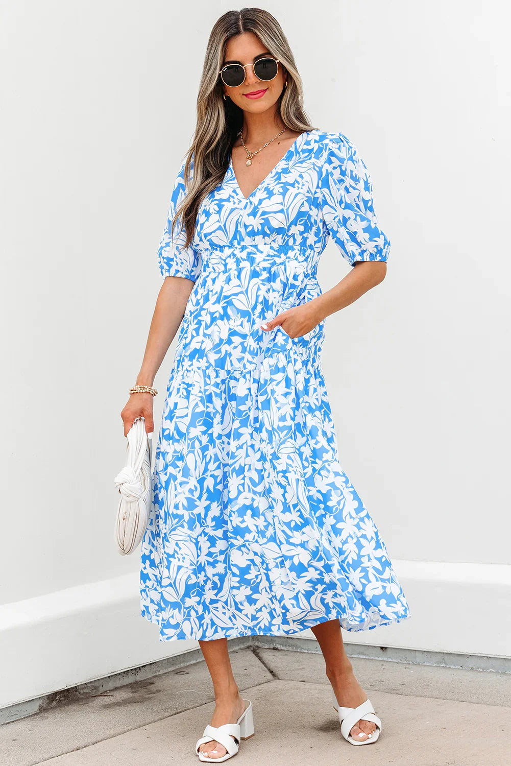 Midtown Girl Sky Blue Floral V Neck Puff Short Sleeve Flowy Long Dress