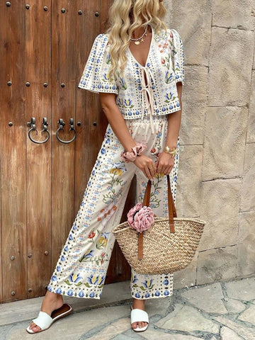 Wanda Floral Print Tie-Front Two Piece Sets