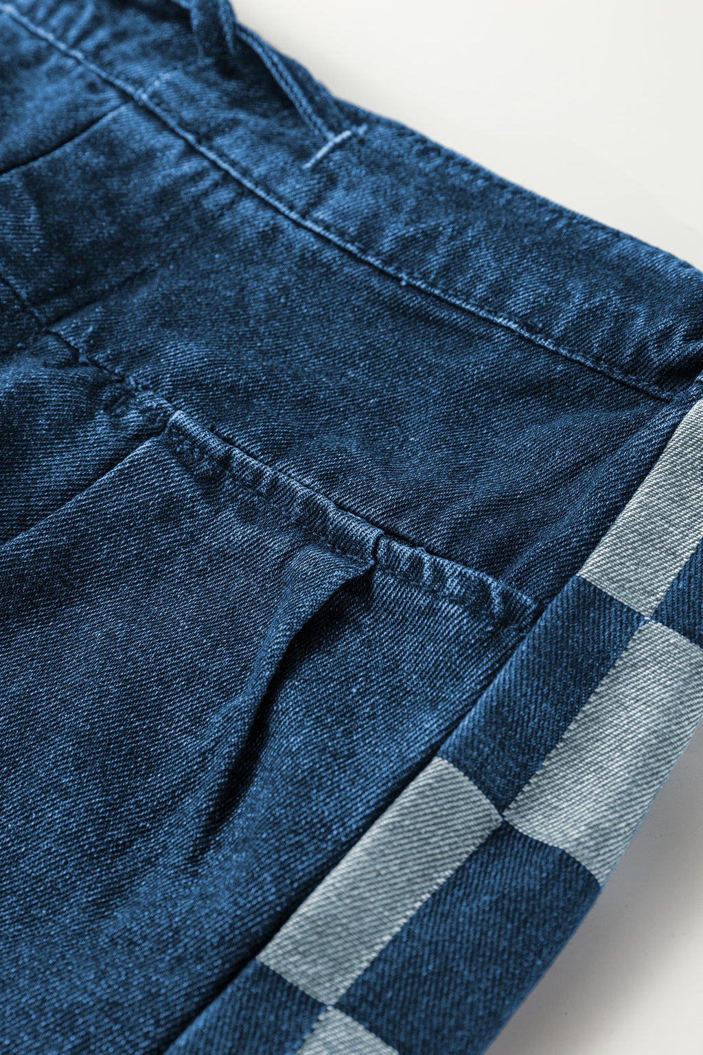 Sail Blue Checkered Side Panel Patchwork Drawstring Loose Denim