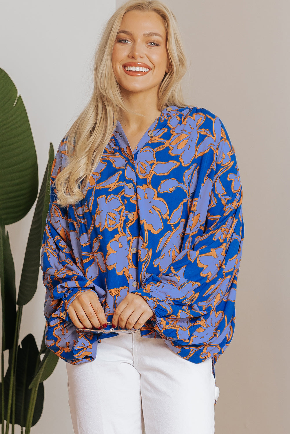 Marengo Gray Morn Floral Print Batwing Sleeve Buttoned Loose Fit Shirt