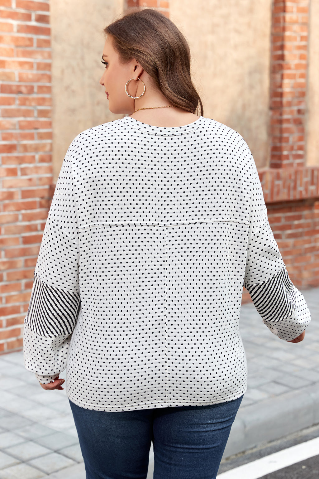 Dot Print Patchwork Sleeve Henley