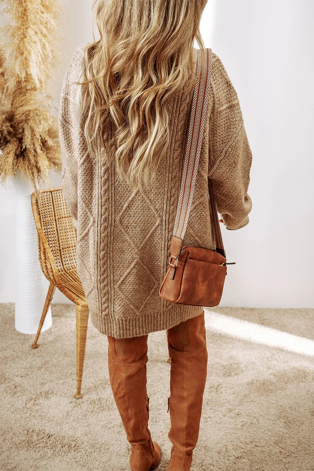 Beruka Parchment Cable Knit Drop Shoulder Loose Fit Sweater Dress