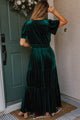 Nathana Evergreen Velvet Short Sleeve Shirred Waist Tiered Maxi Dress