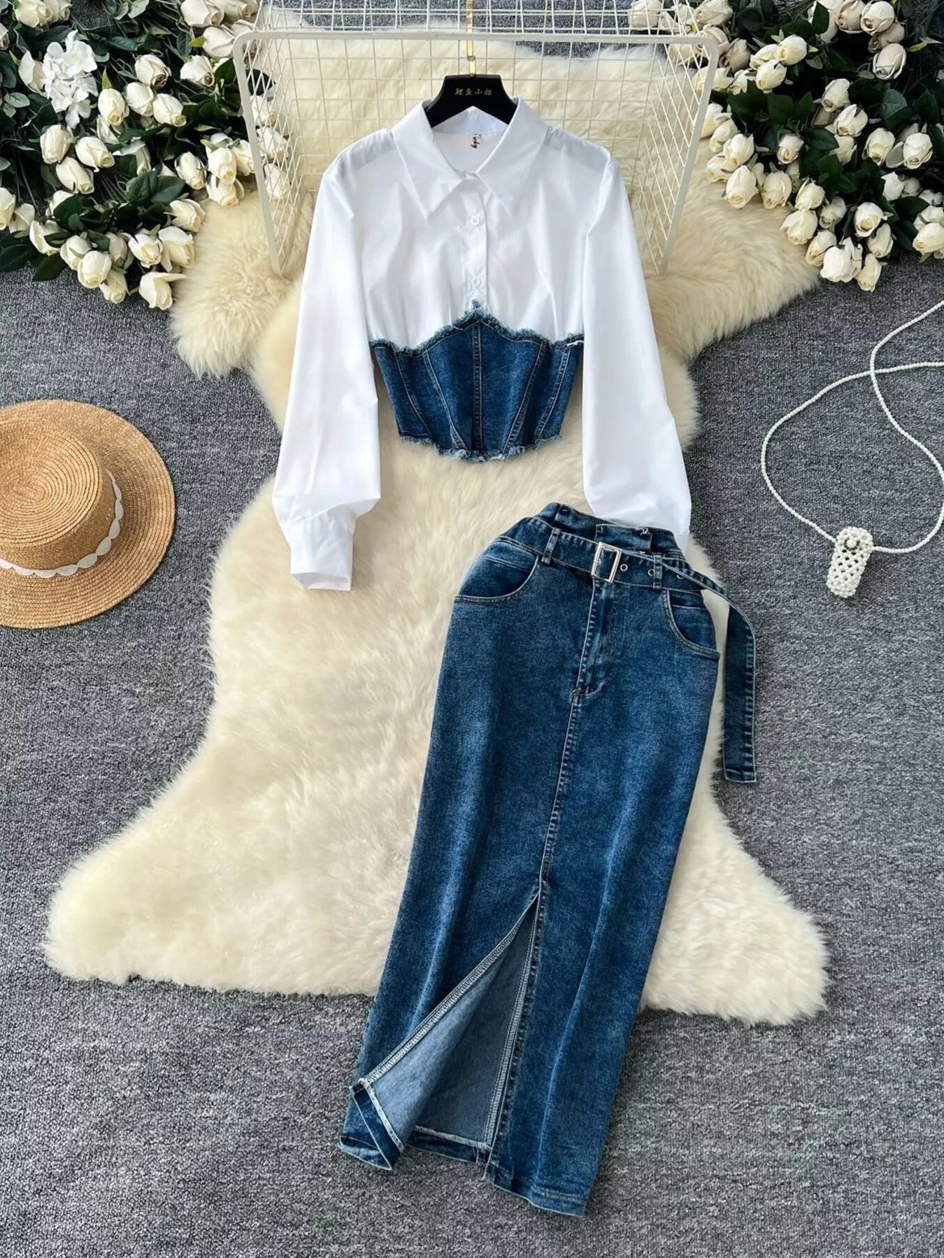 Francisca Frayed Patchwork Slit Maxi Two Piece Sets