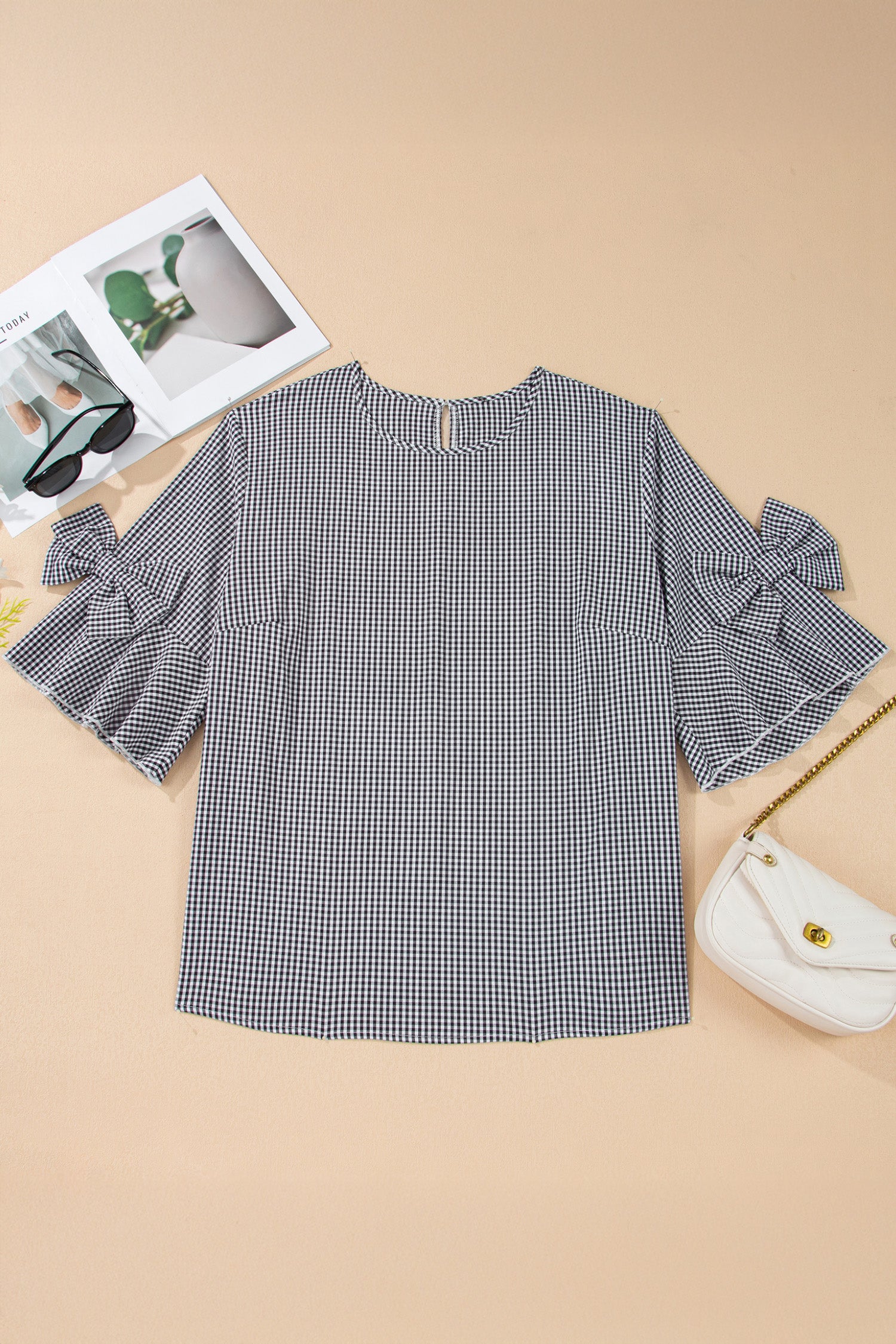 Plaid Bow Decor Bell Sleeve Round Neck