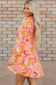 Lonnie Orange Abstract Print Smocked Lantern Sleeve Ruffle Mini Dress