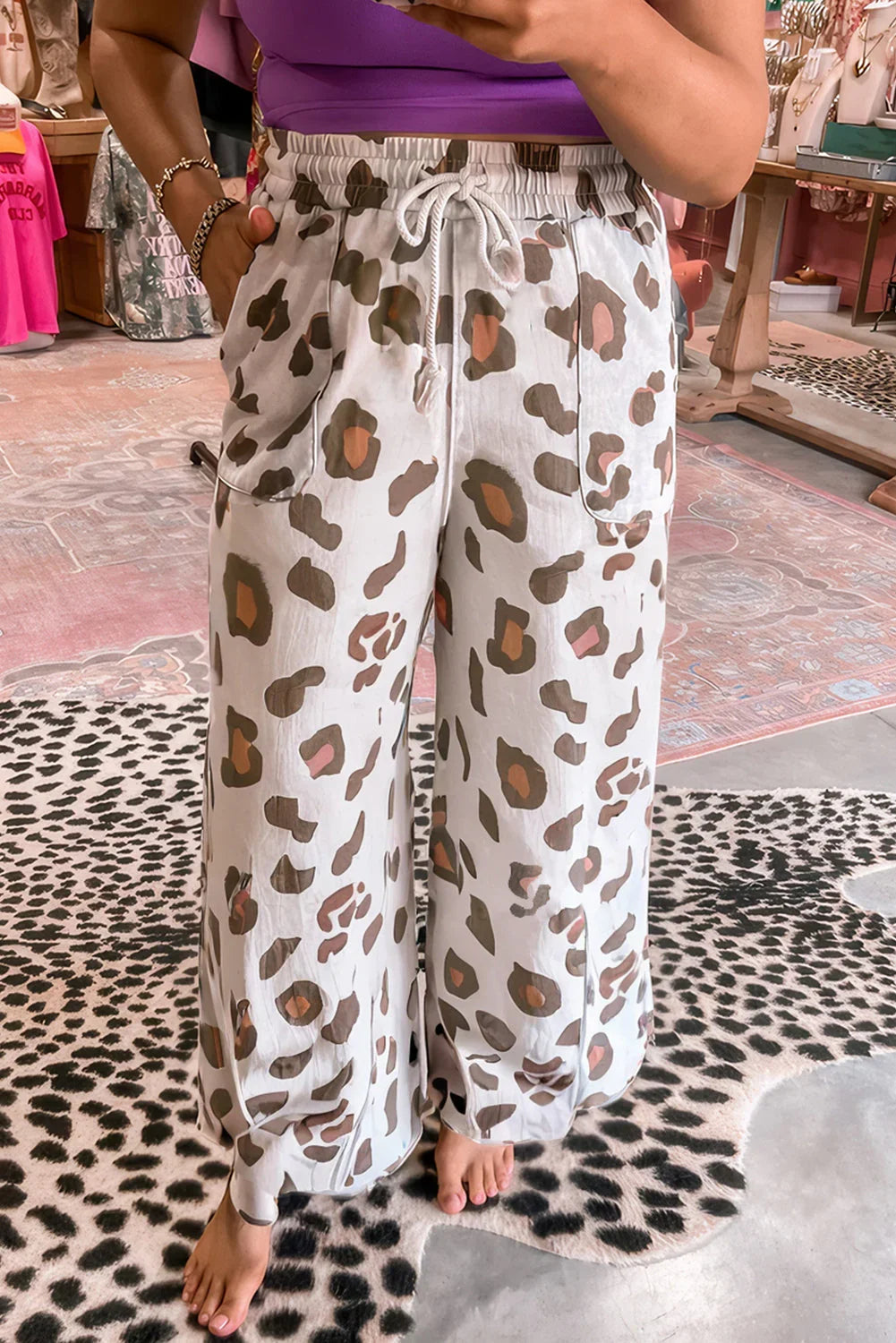 Pink Drawstring Leopard Print Patch Pocket Loose Pants