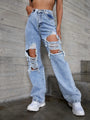 Elaina High Rise Cotton Women Straight Ripped Cowboy Denim - Vestir en Moda