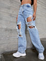Elaina High Rise Cotton Women Straight Ripped Cowboy Denim - Vestir en Moda