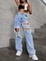 Elaina High Rise Cotton Women Straight Ripped Cowboy Denim - Vestir en Moda