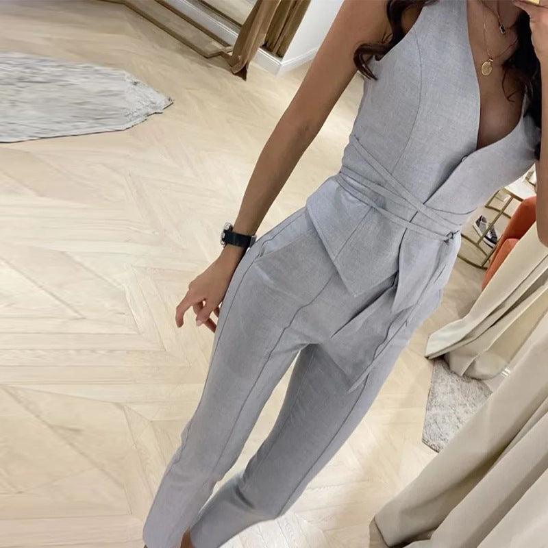 Elizabeth Women Office Look Solid Belted Two Piece Set - Vestir en Moda