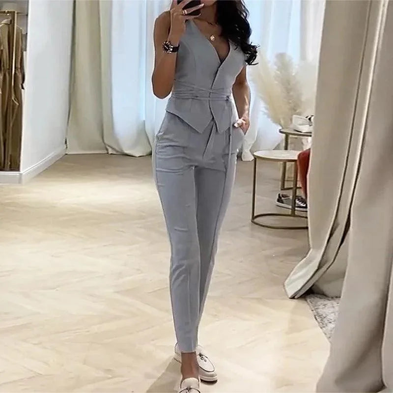 Elizabeth Women Office Look Solid Belted Two Piece Set - Vestir en Moda