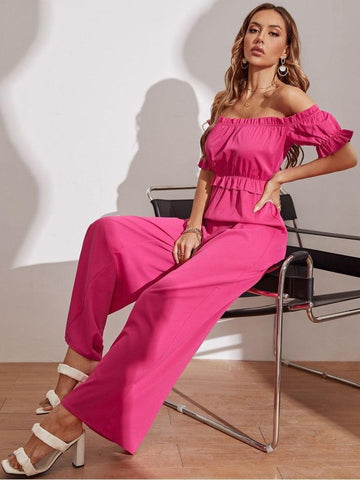 Emily Fashion Ruched Ruffled Off Shoulder Jumpsuit