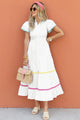 Londra White Colorblock Rickrack Trim Short Sleeve Drawstring Waist Long Dress